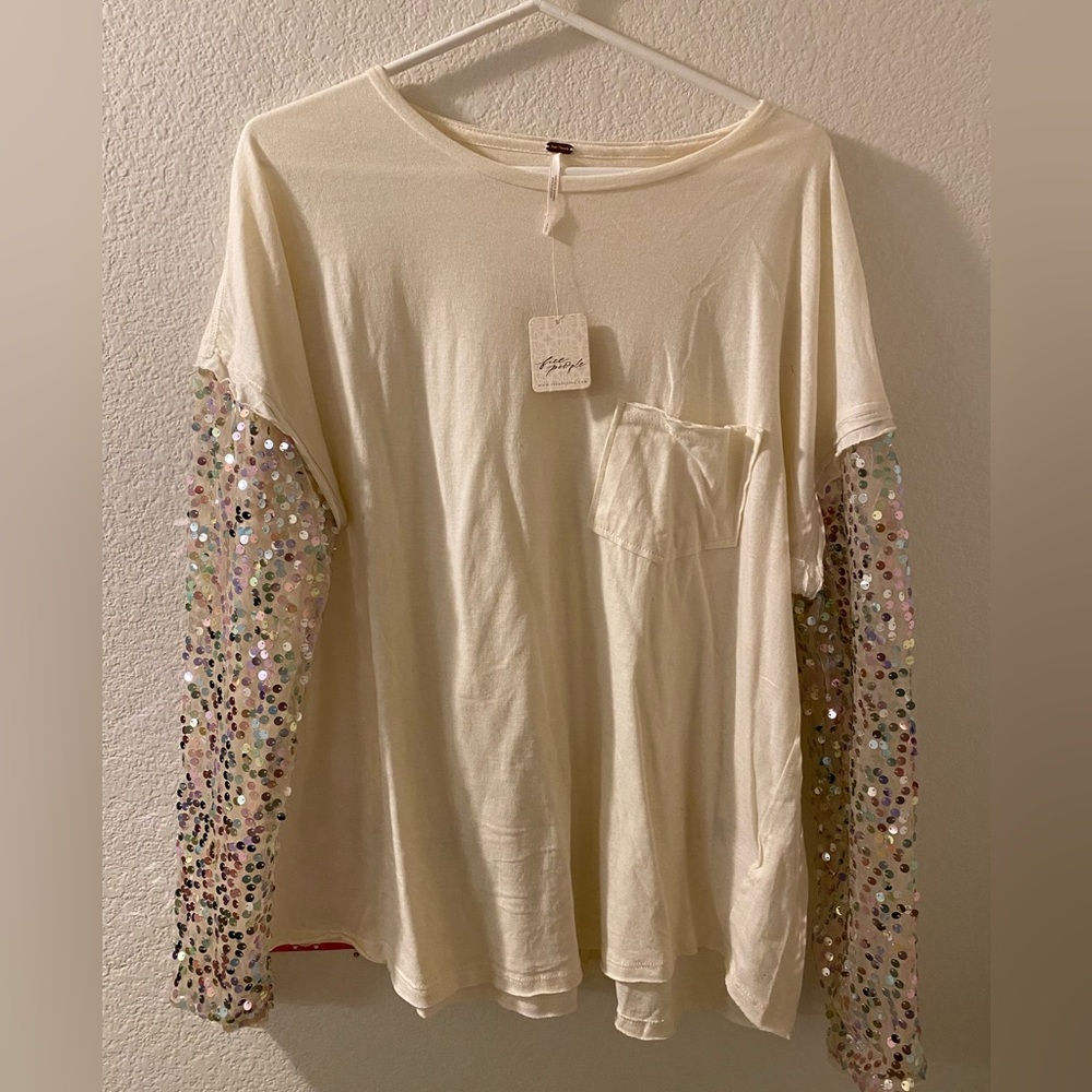 Free People Oversized Long Sleeve with Mesh Sequin Sleeves